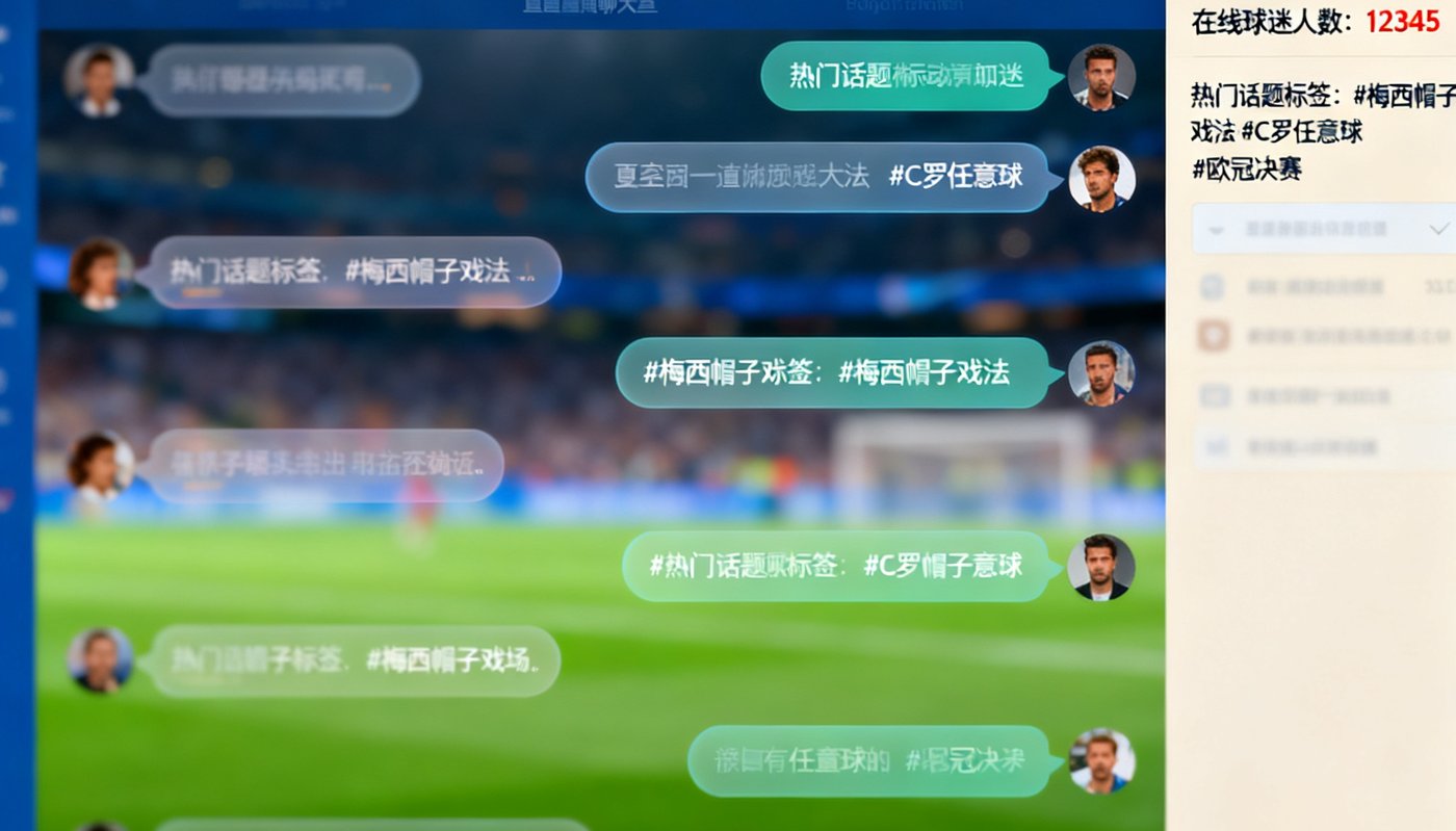 足球网球迷社区网页界面截图，展示比赛直播间聊天室的实时互动场景，多条弹幕在屏幕上滚动，右侧显示在线球迷人数和热门话题标签
